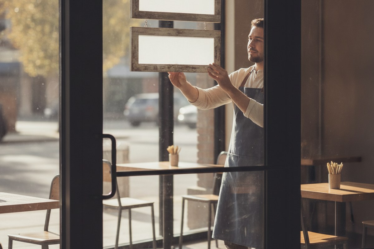 Business owner opening a storefront